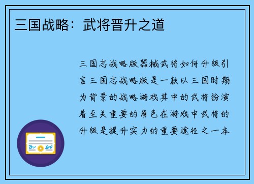 三国战略：武将晋升之道